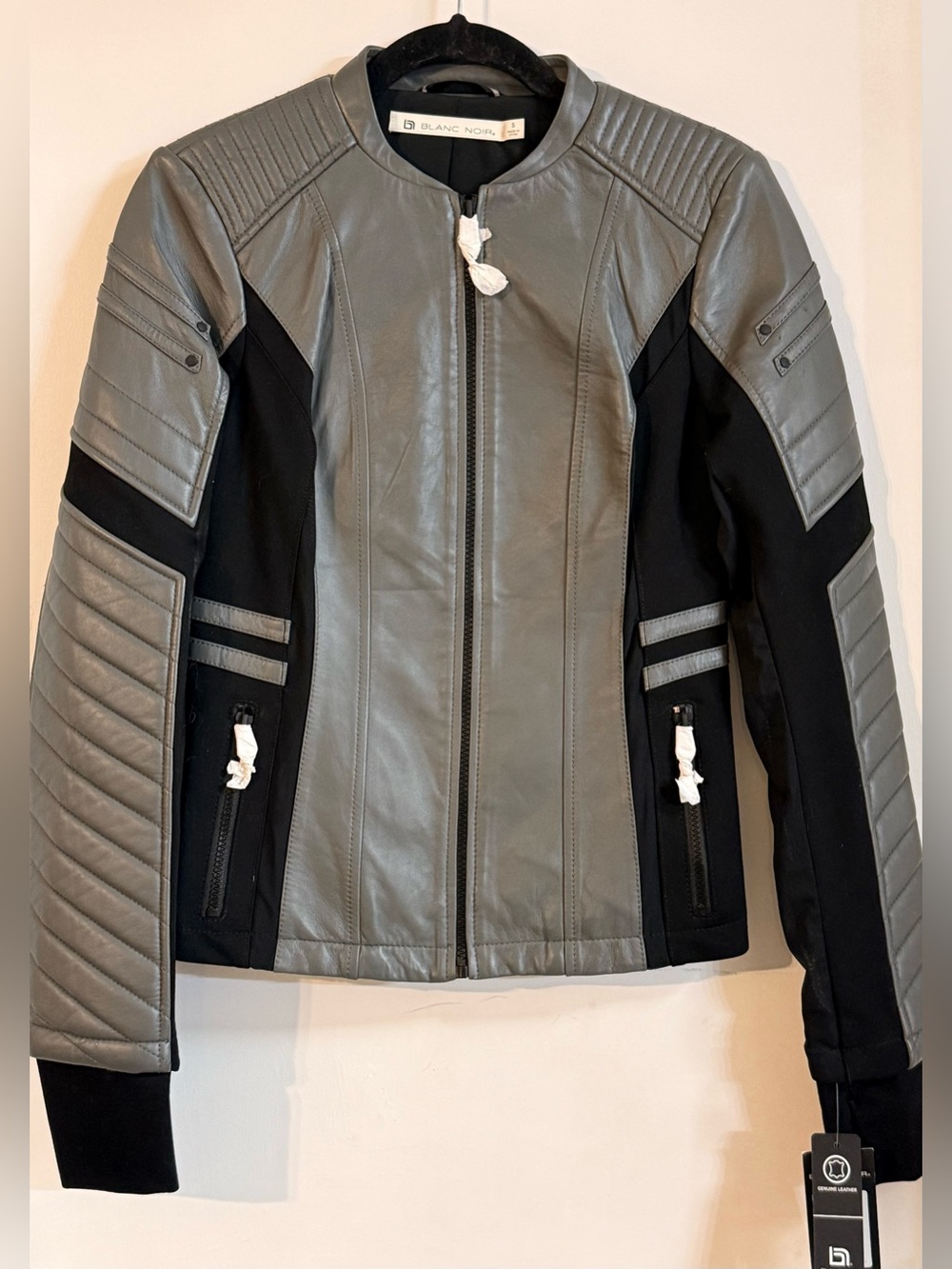 blanc noir Grey and Black Quilted Moto Leather Jacket (NWT)